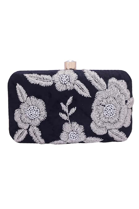 Buy_Nazaakat By Samara Singh_Black Beads, Crystals Floral Embroidered Clutch With Detachable Sling 