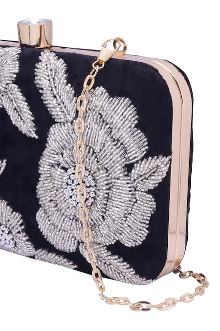 Shop_Nazaakat By Samara Singh_Black Beads, Crystals Floral Embroidered Clutch With Detachable Sling 