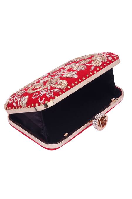Buy_Nazaakat By Samara Singh_Red Embroidery, Beads, Rhinestones Floral Clutch With Detachable Sling _Online_at_Aza_Fashions