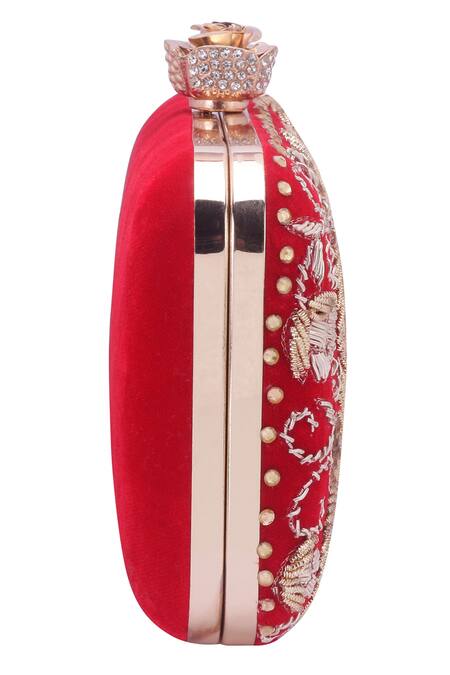 Shop_Nazaakat By Samara Singh_Red Embroidery, Beads, Rhinestones Floral Clutch With Detachable Sling _Online_at_Aza_Fashions