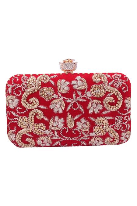 Nazaakat By Samara Singh_Red Embroidery, Beads, Rhinestones Floral Clutch With Detachable Sling _at_Aza_Fashions