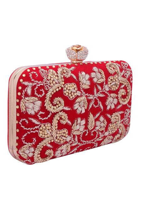 Buy_Nazaakat By Samara Singh_Red Embroidery, Beads, Rhinestones Floral Clutch With Detachable Sling 
