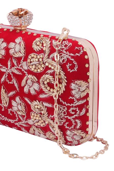 Shop_Nazaakat By Samara Singh_Red Embroidery, Beads, Rhinestones Floral Clutch With Detachable Sling 