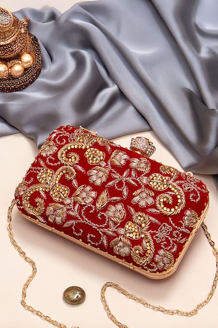 Nazaakat By Samara Singh Red Embroidery, Beads, Rhinestones Floral Clutch With Detachable Sling 