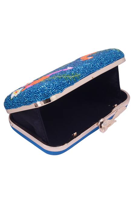 Nazaakat By Samara Singh_Blue Beads, Embroidery Beaded Bird And Floral Clutch_Online_at_Aza_Fashions