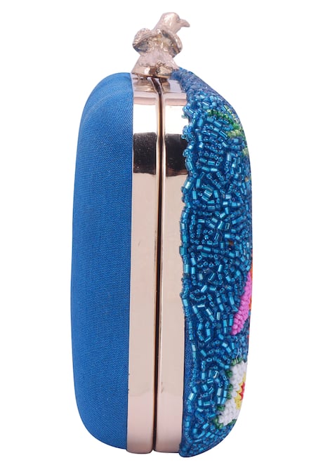 Shop_Nazaakat By Samara Singh_Blue Beads, Embroidery Beaded Bird And Floral Clutch_Online_at_Aza_Fashions