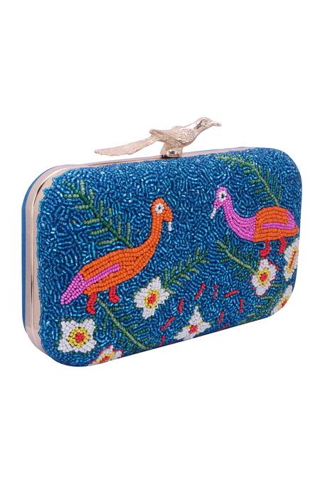 Nazaakat By Samara Singh_Blue Beads, Embroidery Beaded Bird And Floral Clutch_at_Aza_Fashions