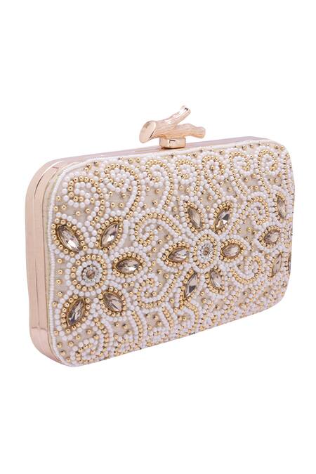 Nazaakat By Samara Singh_White Beads, Crystals, Stones Beaded And Embellished Clutch_Online_at_Aza_Fashions