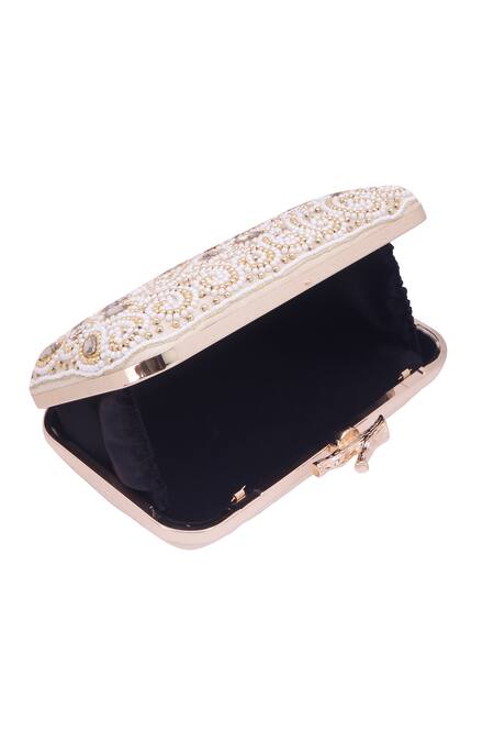 Shop_Nazaakat By Samara Singh_White Beads, Crystals, Stones Beaded And Embellished Clutch_Online_at_Aza_Fashions