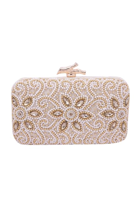 Nazaakat By Samara Singh_White Beads, Crystals, Stones Beaded And Embellished Clutch_at_Aza_Fashions