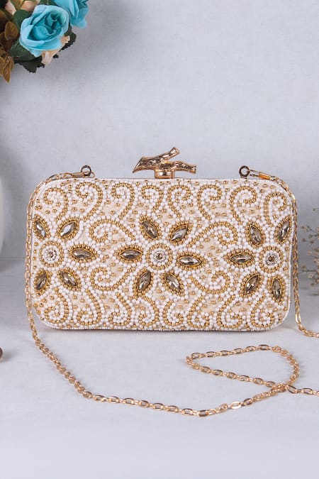 Nazaakat By Samara Singh White Beads, Crystals, Stones Beaded And Embellished Clutch 