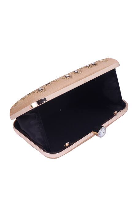 Buy_Nazaakat By Samara Singh_Gold Beads, Stones Embroidered Floral Motif Clutch With Sling _Online_at_Aza_Fashions