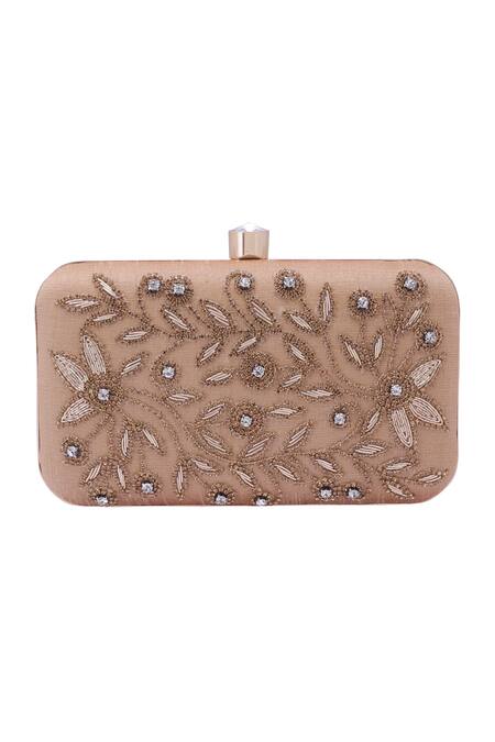 Nazaakat By Samara Singh_Gold Beads, Stones Embroidered Floral Motif Clutch With Sling _at_Aza_Fashions