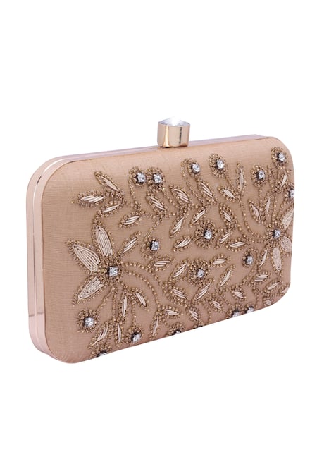 Buy_Nazaakat By Samara Singh_Gold Beads, Stones Embroidered Floral Motif Clutch With Sling 
