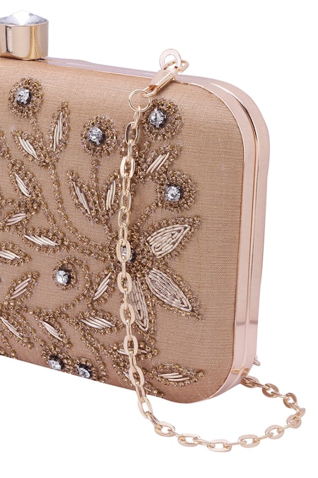 Shop_Nazaakat By Samara Singh_Gold Beads, Stones Embroidered Floral Motif Clutch With Sling 