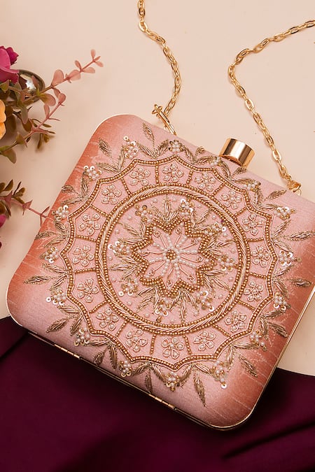 Nazaakat By Samara Singh Pink Beads, Sequins, Embroidery Mandala Motif Box Clutch 