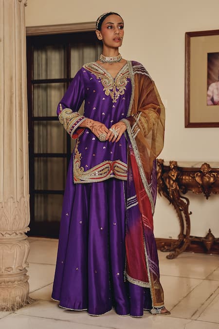 Ajiesh Oberoi Purple Silk, Organza, Net Embroidery, Lace, Mirrors, Phulkari Phool Sharara Set 