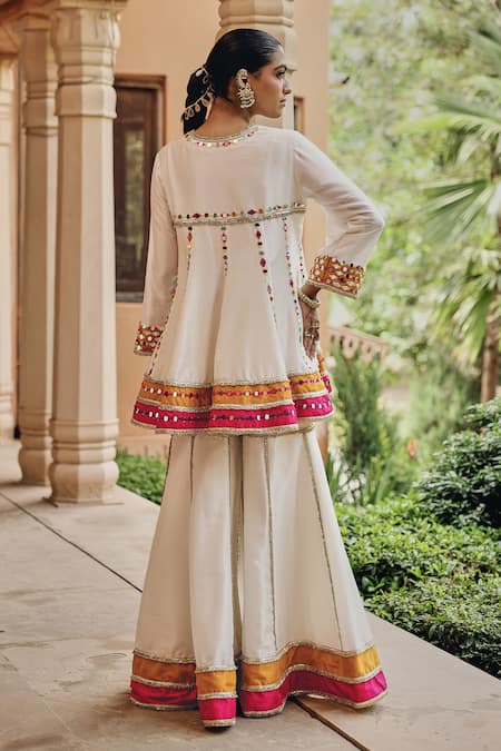 Shop Ajiesh Oberoi Ivory Silk, Tissue Mirrors, Embroidery, Sequins, Beads Round Jugni Sharara Set at Aza Fashions Shop_Ajiesh Oberoi_Ivory Silk, Tissue Mirrors, Embroidery, Sequins, Beads Round Jugni Sharara Set _at_Aza_Fashions