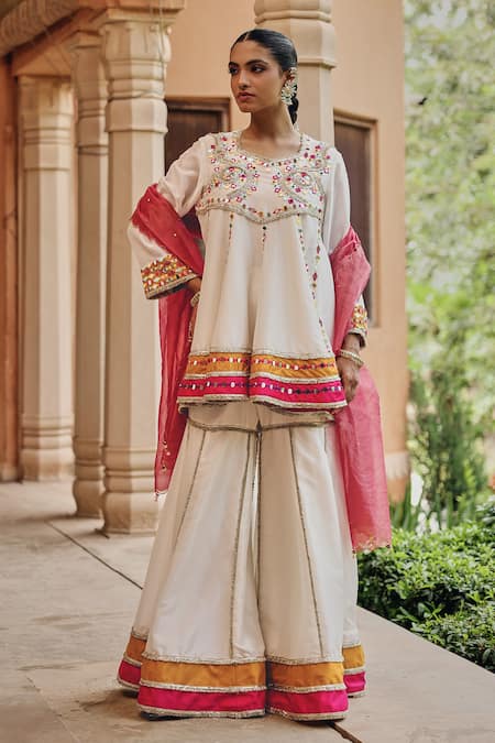 Ajiesh Oberoi Ivory Silk, Tissue Mirrors, Embroidery, Sequins, Beads Round Jugni Sharara Set Online at Aza Fashions Ajiesh Oberoi_Ivory Silk, Tissue Mirrors, Embroidery, Sequins, Beads Round Jugni Sharara Set _Online_at_Aza_Fashions