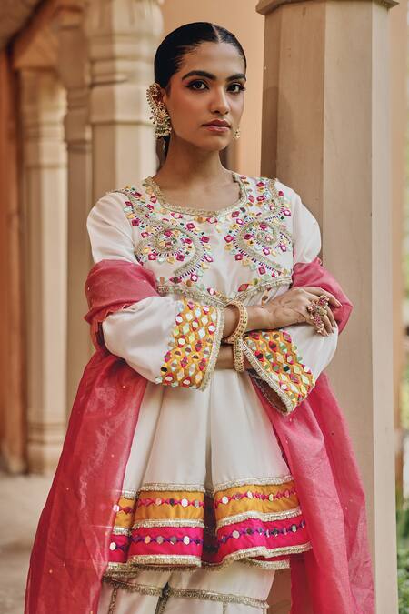 Buy Ajiesh Oberoi Ivory Silk, Tissue Mirrors, Embroidery, Sequins, Beads Round Jugni Sharara Set Online at Aza Fashions Buy_Ajiesh Oberoi_Ivory Silk, Tissue Mirrors, Embroidery, Sequins, Beads Round Jugni Sharara Set _Online_at_Aza_Fashions