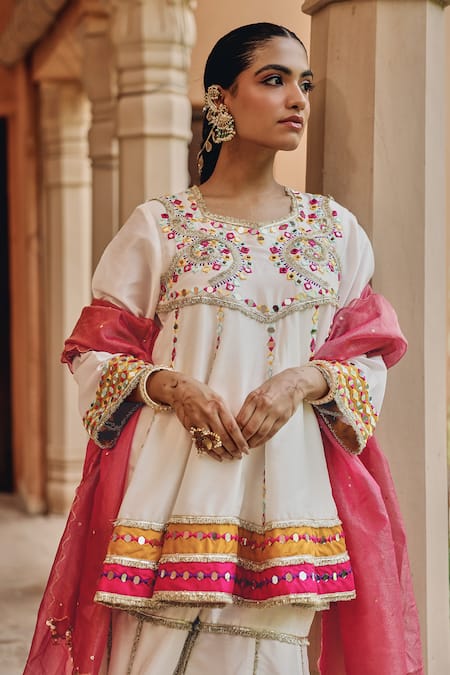 Shop Ajiesh Oberoi Ivory Silk, Tissue Mirrors, Embroidery, Sequins, Beads Round Jugni Sharara Set Online at Aza Fashions Shop_Ajiesh Oberoi_Ivory Silk, Tissue Mirrors, Embroidery, Sequins, Beads Round Jugni Sharara Set _Online_at_Aza_Fashions