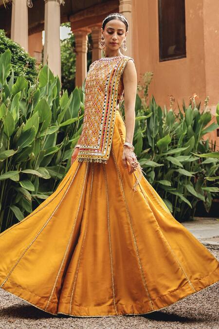 Ajiesh Oberoi_Mustard Silk Mirrors, Embroidery, Gota Patti Round Neck Noorvi Skirt Set _Online_at_Aza_Fashions