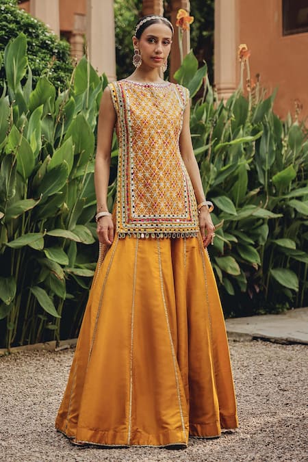 Buy_Ajiesh Oberoi_Mustard Silk Mirrors, Embroidery, Gota Patti Round Neck Noorvi Skirt Set _Online_at_Aza_Fashions