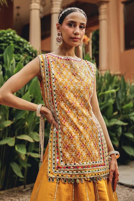 Shop_Ajiesh Oberoi_Mustard Silk Mirrors, Embroidery, Gota Patti Round Neck Noorvi Skirt Set _Online_at_Aza_Fashions