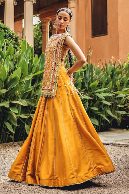 Ajiesh Oberoi_Mustard Silk Mirrors, Embroidery, Gota Patti Round Neck Noorvi Skirt Set _at_Aza_Fashions