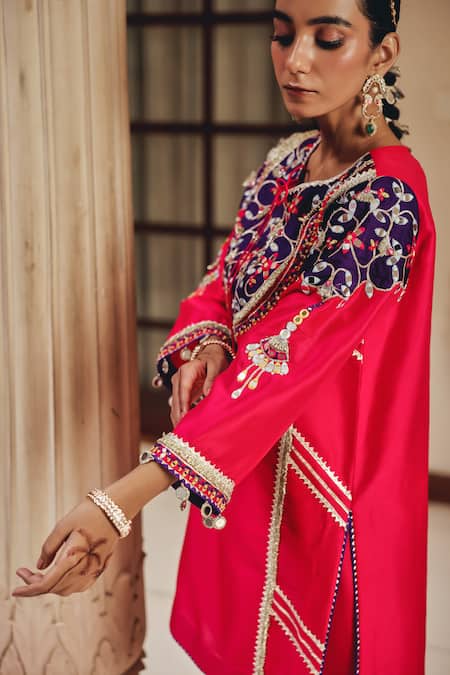 Ajiesh Oberoi Pink Silk, Tissue Embroidery, Mirrors, Gota Patti, Meher Rani Salwar Set Online at Aza Fashions Ajiesh Oberoi_Pink Silk, Tissue Embroidery, Mirrors, Gota Patti, Meher Rani Salwar Set _Online_at_Aza_Fashions