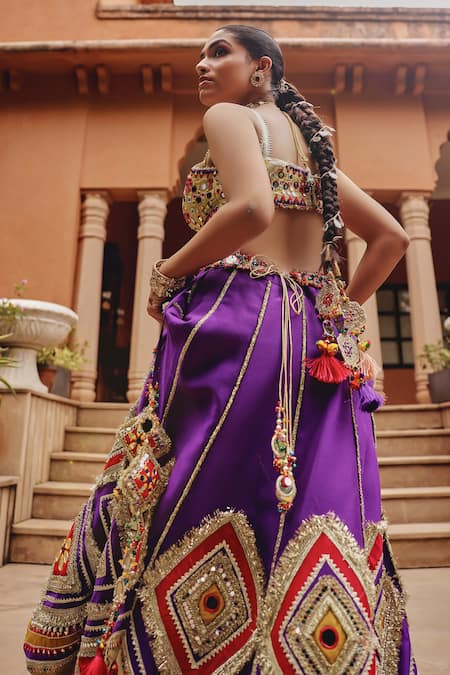 Shop Ajiesh Oberoi Purple Silk, Organza Mirrors, Gota Patti, Tassels, Embroidery Jash-e-lehenga Set at Aza Fashions Shop_Ajiesh Oberoi_Purple Silk, Organza Mirrors, Gota Patti, Tassels, Embroidery Jash-e-lehenga Set _at_Aza_Fashions