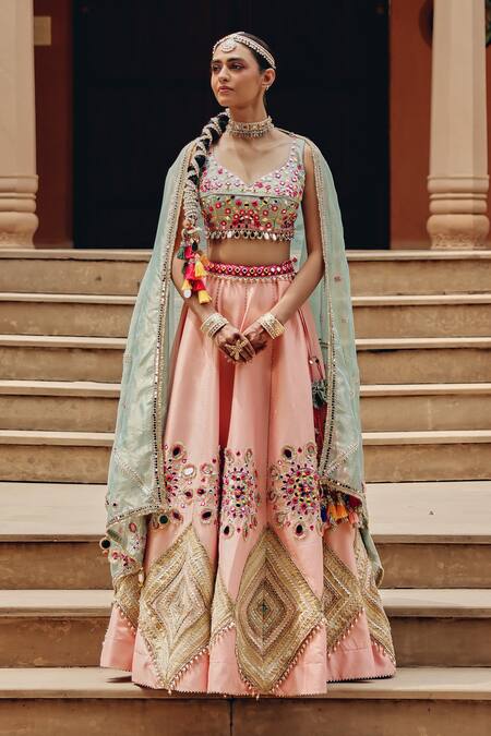 Ajiesh Oberoi Pink Silk, Tissue, Net Mirrors, Gota Patti, Sequins, Tara Lehenga Set Online at Aza Fashions Ajiesh Oberoi_Pink Silk, Tissue, Net Mirrors, Gota Patti, Sequins, Tara Lehenga Set _Online_at_Aza_Fashions