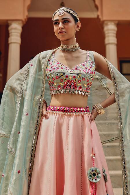 Buy Ajiesh Oberoi Pink Silk, Tissue, Net Mirrors, Gota Patti, Sequins, Tara Lehenga Set Online at Aza Fashions Buy_Ajiesh Oberoi_Pink Silk, Tissue, Net Mirrors, Gota Patti, Sequins, Tara Lehenga Set _Online_at_Aza_Fashions