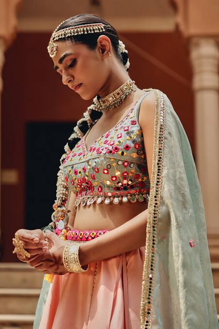 Shop Ajiesh Oberoi Pink Silk, Tissue, Net Mirrors, Gota Patti, Sequins, Tara Lehenga Set Online at Aza Fashions Shop_Ajiesh Oberoi_Pink Silk, Tissue, Net Mirrors, Gota Patti, Sequins, Tara Lehenga Set _Online_at_Aza_Fashions