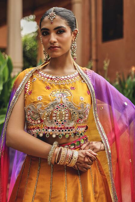 Ajiesh Oberoi_Mustard Silk, Organza Gota Patti, Mirrors, Embroidery, Heer Panelled Lehenga Set _Online_at_Aza_Fashions