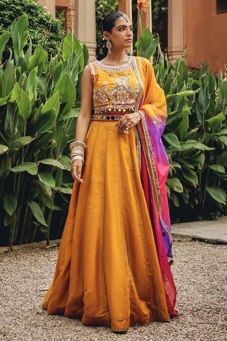 Buy_Ajiesh Oberoi_Mustard Silk, Organza Gota Patti, Mirrors, Embroidery, Heer Panelled Lehenga Set _Online_at_Aza_Fashions