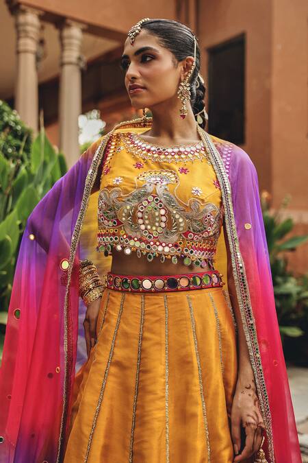 Shop_Ajiesh Oberoi_Mustard Silk, Organza Gota Patti, Mirrors, Embroidery, Heer Panelled Lehenga Set _Online_at_Aza_Fashions