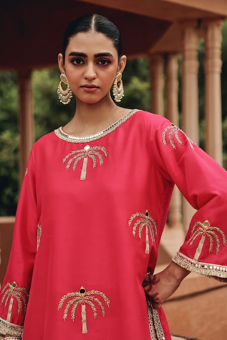 Ajiesh Oberoi_Pink Silk, Organza Embroidery, Mirrors, Gota Patti, Gul Bahar Kurta Salwar Set _Online_at_Aza_Fashions