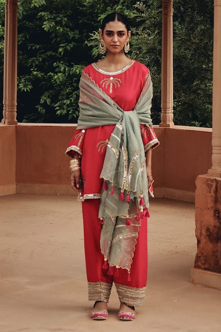 Buy_Ajiesh Oberoi_Pink Silk, Organza Embroidery, Mirrors, Gota Patti, Gul Bahar Kurta Salwar Set _Online_at_Aza_Fashions