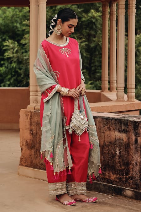 Ajiesh Oberoi Pink Silk, Organza Embroidery, Mirrors, Gota Patti, Gul Bahar Kurta Salwar Set