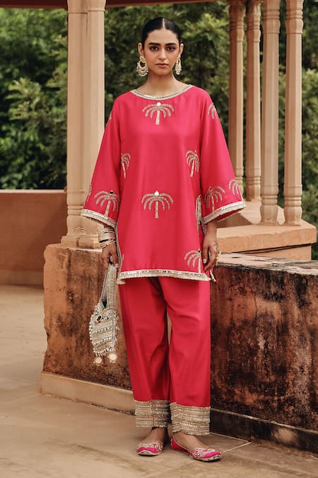 Ajiesh Oberoi_Pink Silk, Organza Embroidery, Mirrors, Gota Patti, Gul Bahar Kurta Salwar Set _at_Aza_Fashions