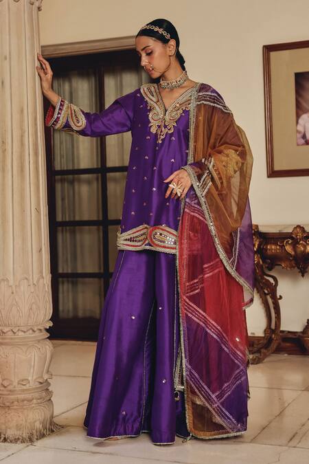 Ajiesh Oberoi Purple Silk, Tissue Zari, Sequins, Embroidery, Raatrani Elegance Sharara Set Online at Aza Fashions Ajiesh Oberoi_Purple Silk, Tissue Zari, Sequins, Embroidery, Raatrani Elegance Sharara Set _Online_at_Aza_Fashions