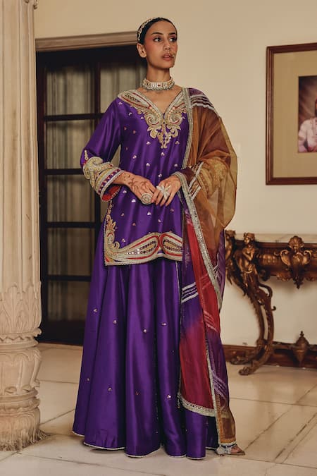 Ajiesh Oberoi Purple Silk, Tissue Zari, Sequins, Embroidery, Raatrani Elegance Sharara Set 
