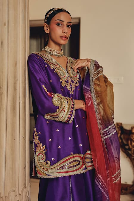 Buy Ajiesh Oberoi Purple Silk, Tissue Zari, Sequins, Embroidery, Raatrani Elegance Sharara Set Online at Aza Fashions Buy_Ajiesh Oberoi_Purple Silk, Tissue Zari, Sequins, Embroidery, Raatrani Elegance Sharara Set _Online_at_Aza_Fashions