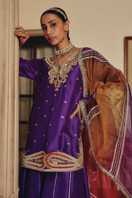 Shop Ajiesh Oberoi Purple Silk, Tissue Zari, Sequins, Embroidery, Raatrani Elegance Sharara Set Online at Aza Fashions Shop_Ajiesh Oberoi_Purple Silk, Tissue Zari, Sequins, Embroidery, Raatrani Elegance Sharara Set _Online_at_Aza_Fashions