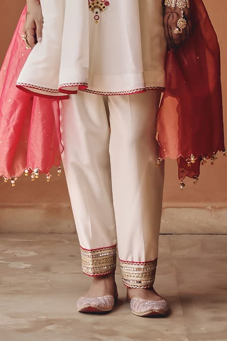 Ajiesh Oberoi Ivory Silk, Tissue Mirrors, Embroidery, Gota Shehnai Flared Kurta Pant Set Online at Aza Fashions Ajiesh Oberoi_Ivory Silk, Tissue Mirrors, Embroidery, Gota Shehnai Flared Kurta Pant Set _Online_at_Aza_Fashions