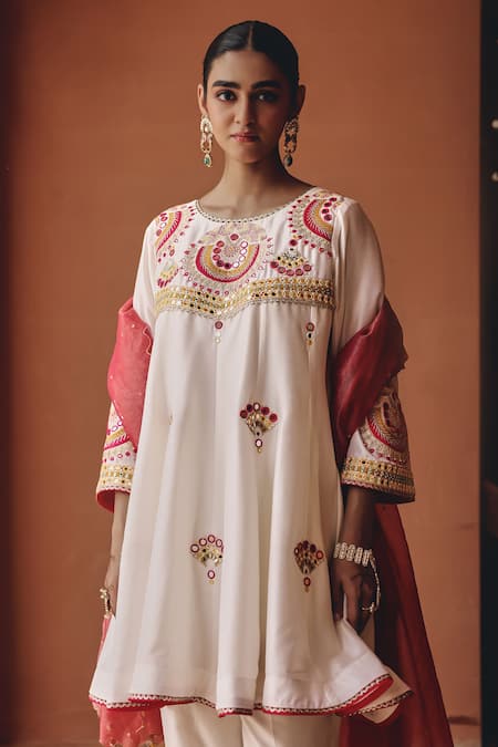 Buy Ajiesh Oberoi Ivory Silk, Tissue Mirrors, Embroidery, Gota Shehnai Flared Kurta Pant Set Online at Aza Fashions Buy_Ajiesh Oberoi_Ivory Silk, Tissue Mirrors, Embroidery, Gota Shehnai Flared Kurta Pant Set _Online_at_Aza_Fashions