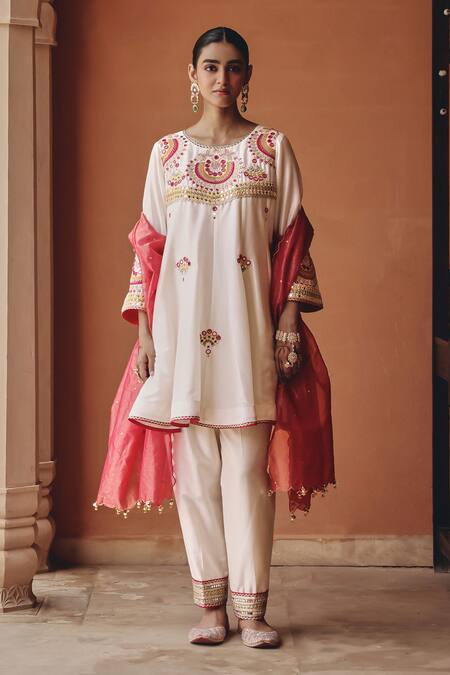 Shop Ajiesh Oberoi Ivory Silk, Tissue Mirrors, Embroidery, Gota Shehnai Flared Kurta Pant Set Online at Aza Fashions Shop_Ajiesh Oberoi_Ivory Silk, Tissue Mirrors, Embroidery, Gota Shehnai Flared Kurta Pant Set _Online_at_Aza_Fashions