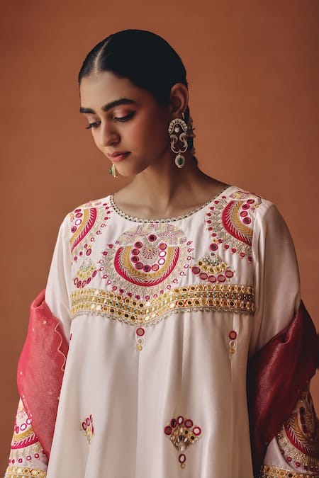 Ajiesh Oberoi Ivory Silk, Tissue Mirrors, Embroidery, Gota Shehnai Flared Kurta Pant Set at Aza Fashions Ajiesh Oberoi_Ivory Silk, Tissue Mirrors, Embroidery, Gota Shehnai Flared Kurta Pant Set _at_Aza_Fashions