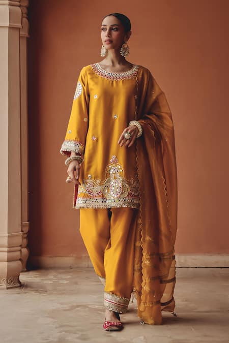 Ajiesh Oberoi Mustard Silk, Organza Mirrors, Embroidery, Gota Gulzar Charm Kurta Salwar Set 